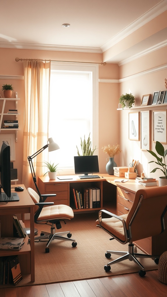 Cozy office setup with warm color palette, featuring peach walls, wooden furniture, and plants.