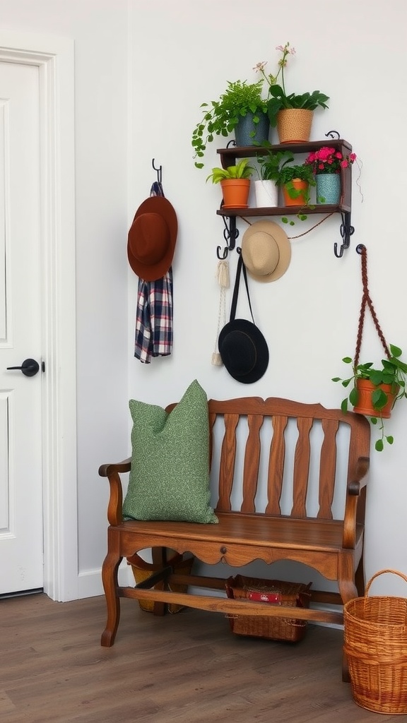 Cozy entryway with wooden bench, potted plants, and hats on the wall