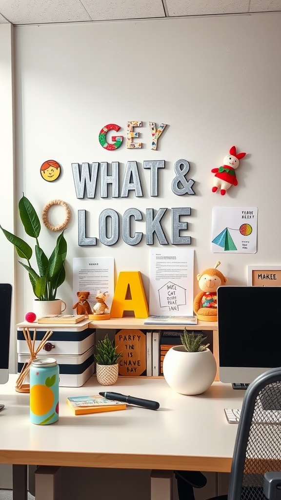 A vibrant office space with colorful decorations including plush toys, plants, and playful wall letters.