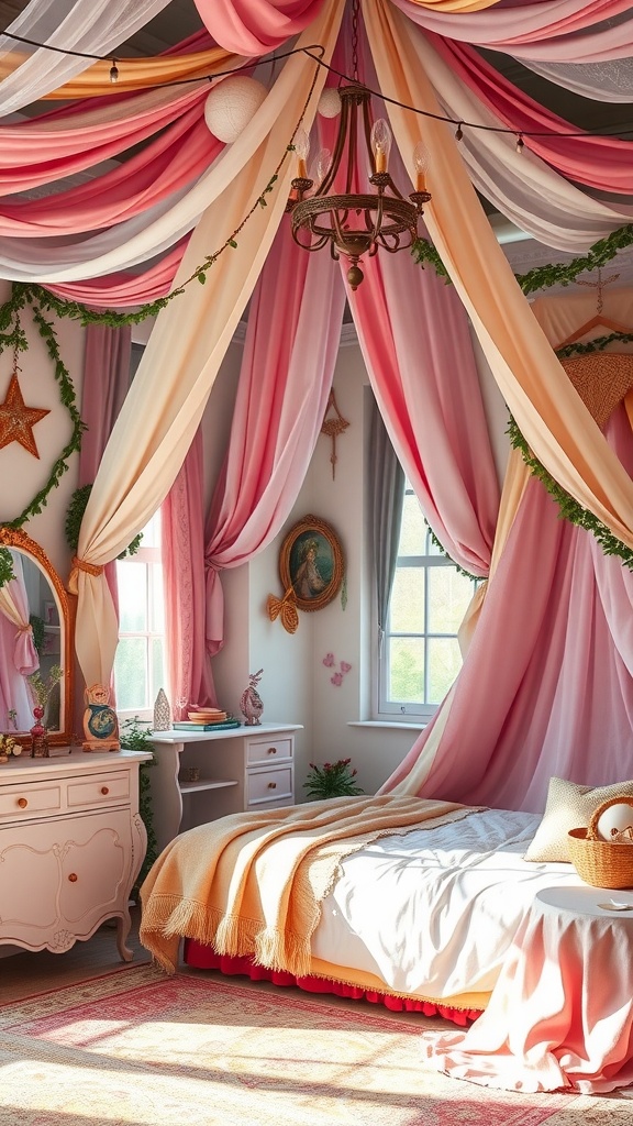 A whimsical fairy tale bedroom with pink and cream fabrics draped from the ceiling, a cozy bed, a vintage dresser, and warm lighting.