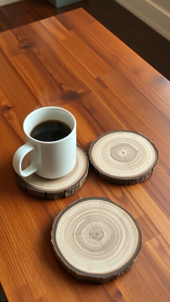 Wood slice coasters with a white mug of coffee on a wooden table.