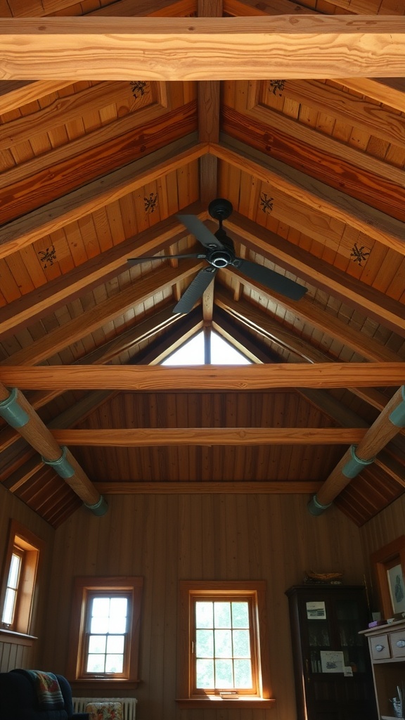 Interior view of a cottage with wooden beams and a ceiling fan