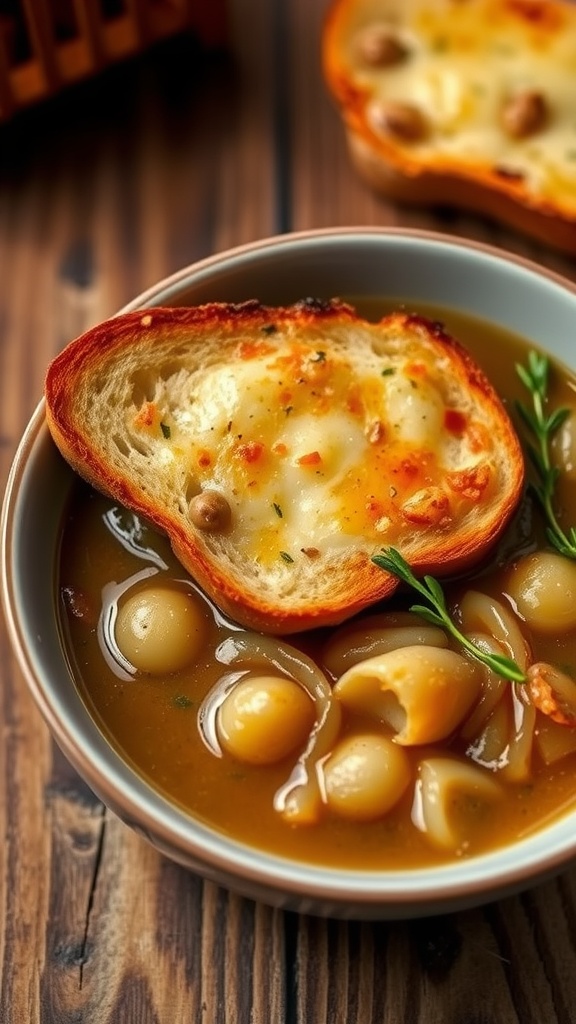 Bowl of French onion soup with caramelized onions, toast, and melted cheese on a rustic table.