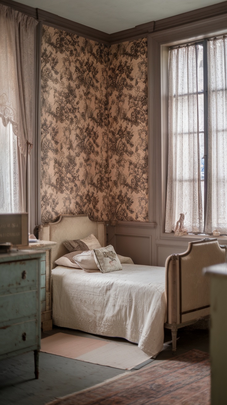 A vintage bedroom featuring antique floral wallpaper, a simple bed, and soft natural lighting.