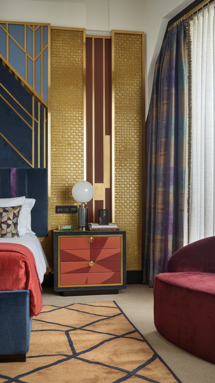 A stylish bedroom featuring Art Deco accents with geometric designs, rich colors, and luxurious textures.