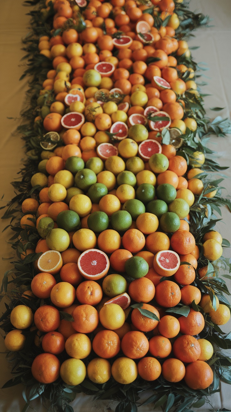 A vibrant arrangement of various fruits including oranges, limes, and lemons, laid out on a table.