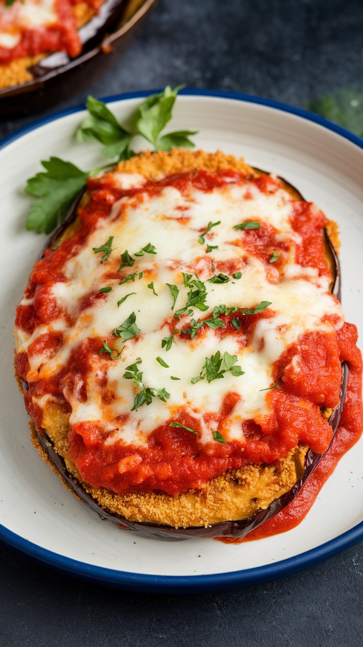 A plate of baked eggplant parmesan topped with marinara sauce and melted cheese.