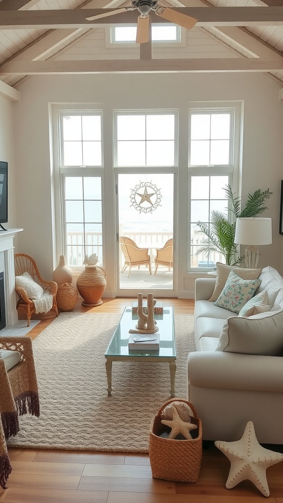 Coastal living room with large windows, white sofa, and beach-themed decorations