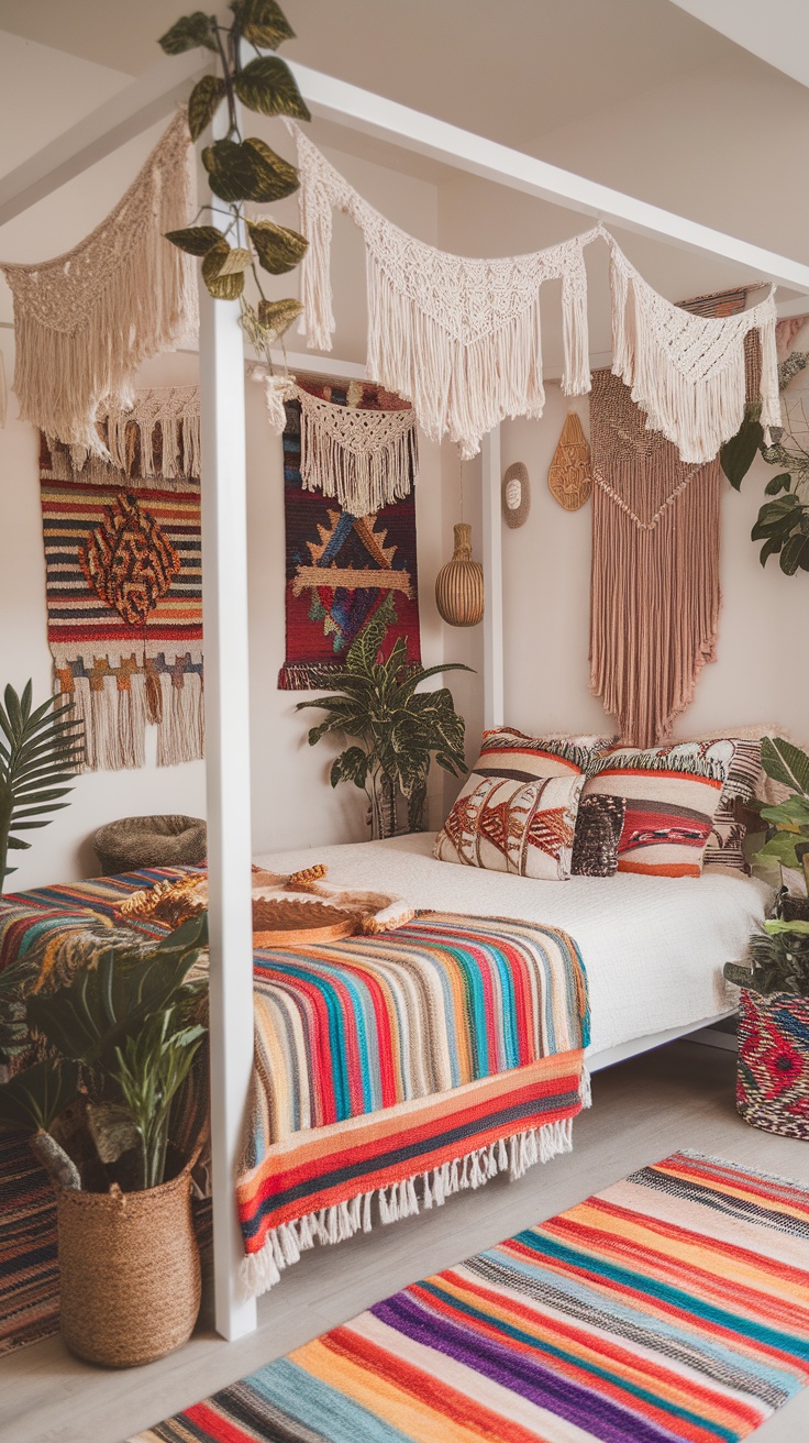 A bohemian style canopy bed decorated with colorful textiles and plants