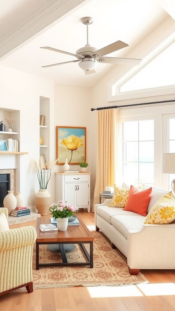 Bright coastal living room with cheerful accents