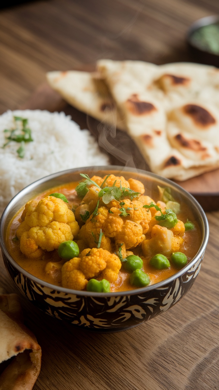 A bowl of cauliflower and pea curry served with rice and naan.