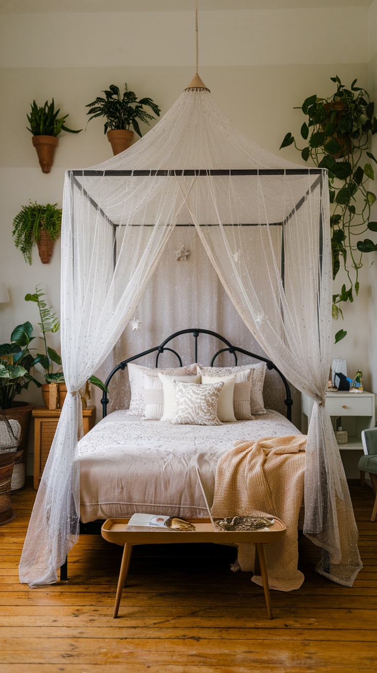 Celestial inspired canopy bed with delicate star accents and airy fabric.