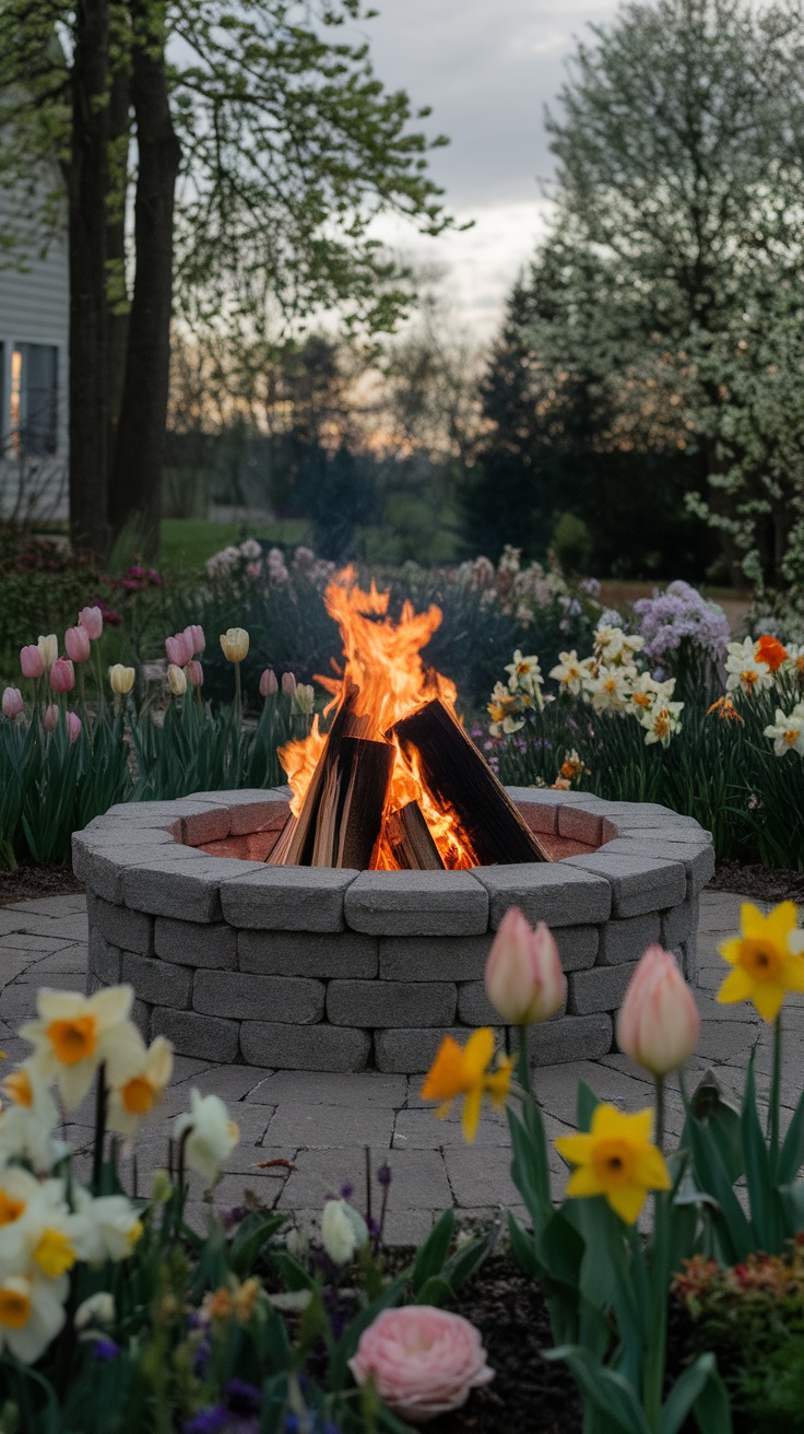 A charming fire pit surrounded by blooming flowers and greenery.