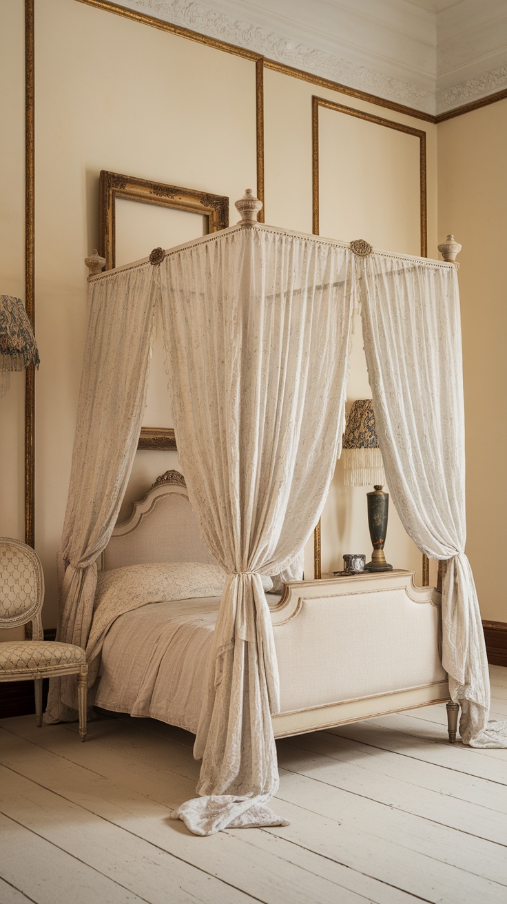 A vintage canopy bed with light fabric draping and a classic design.