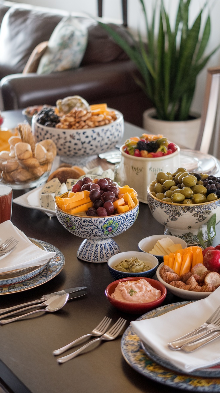 A variety of snacks and appetizers displayed in elegant bowls on a dining table.