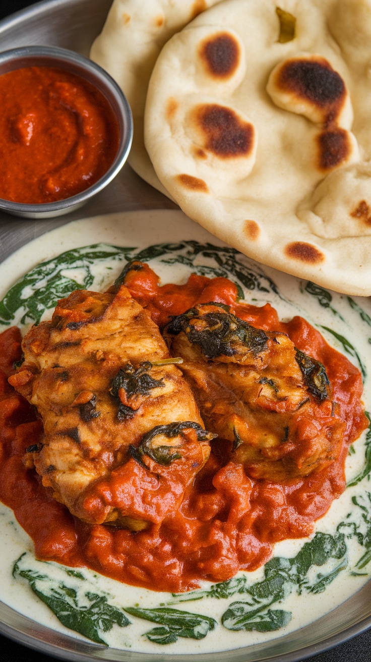 A plate of Chicken Tikka Masala with Spinach, served with naan and a side of sauce.