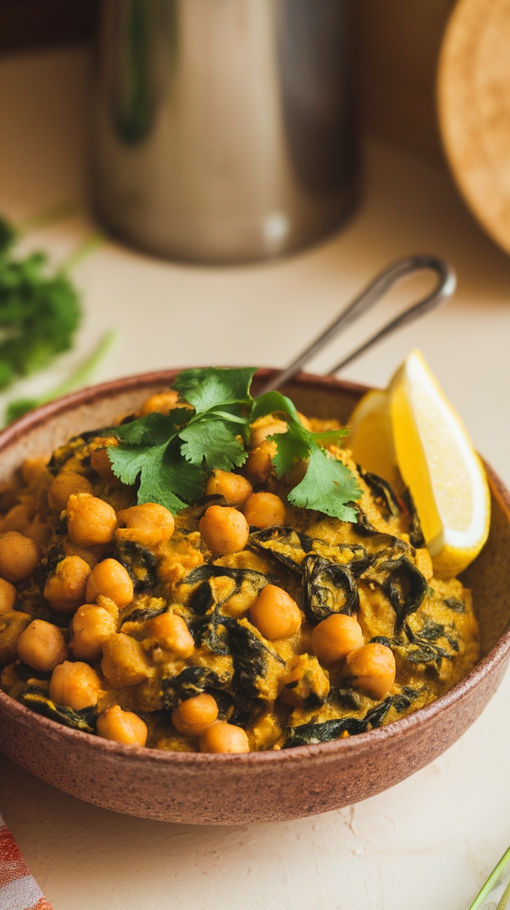 A bowl of chickpea and spinach curry topped with fresh cilantro and lemon slices