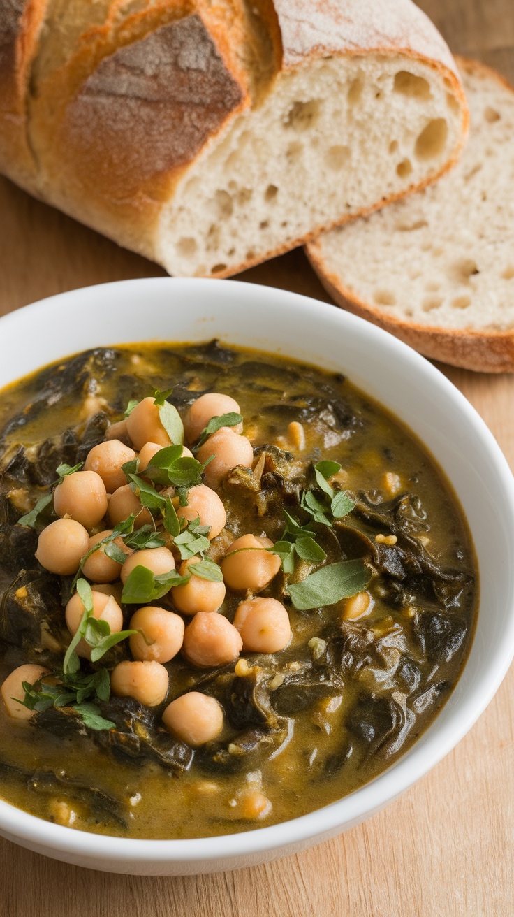 A bowl of chickpea and spinach stew topped with fresh herbs, next to slices of bread.