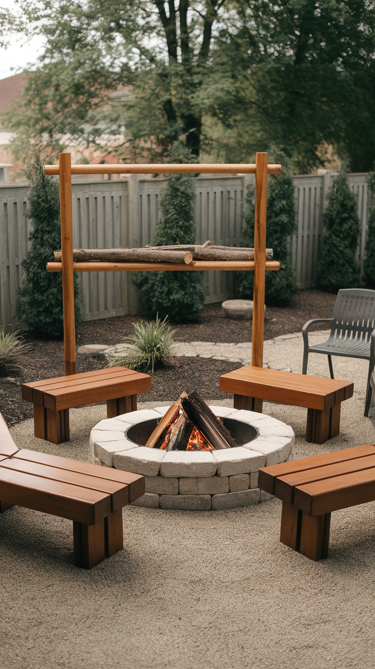 Circular fire pit with built-in wooden benches in a backyard setting.