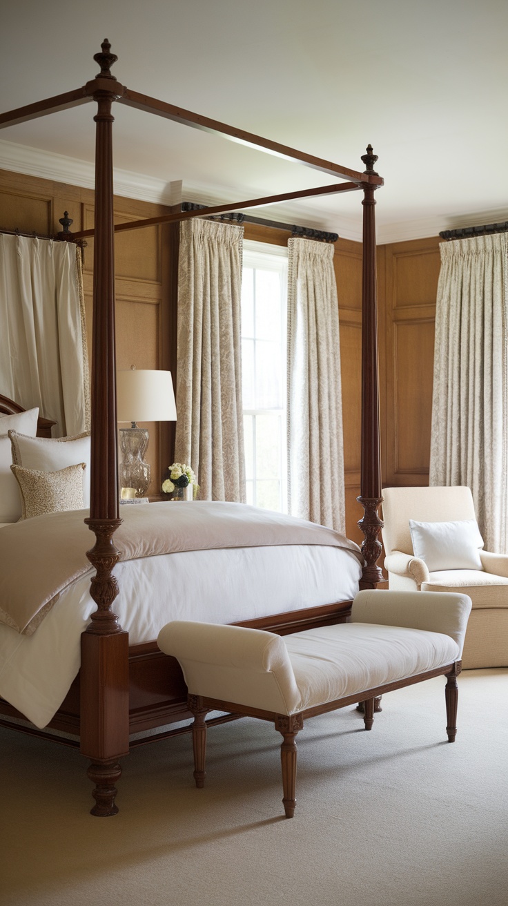 A classic four-poster bed with elegant woodwork and soft bedding.