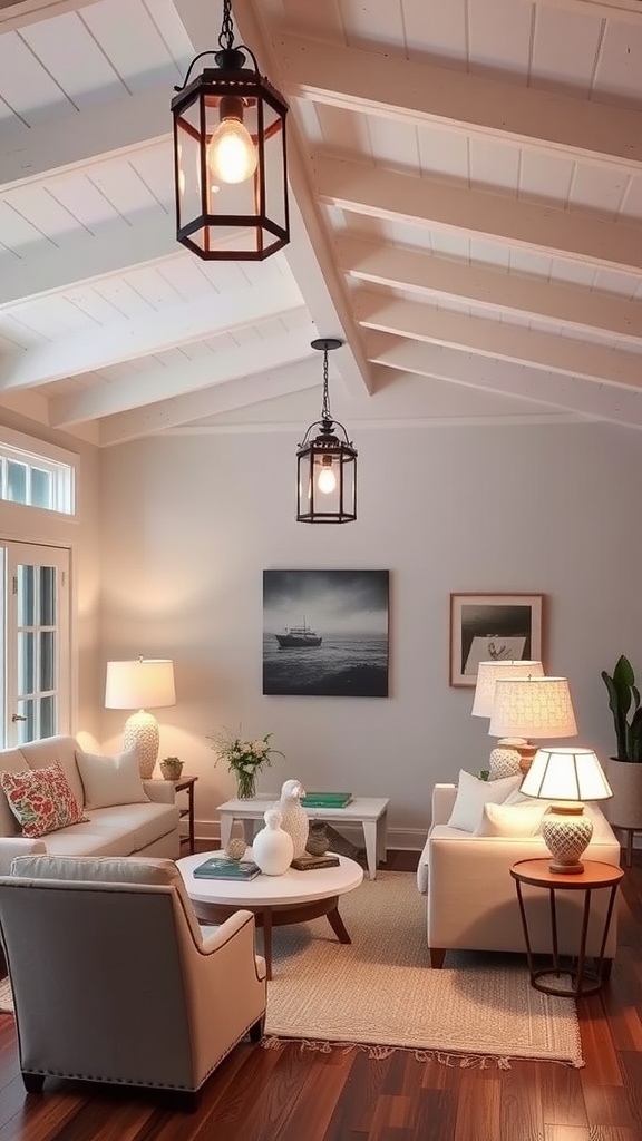 A cozy coastal living room featuring pendant lights and table lamps, with a warm and inviting atmosphere.