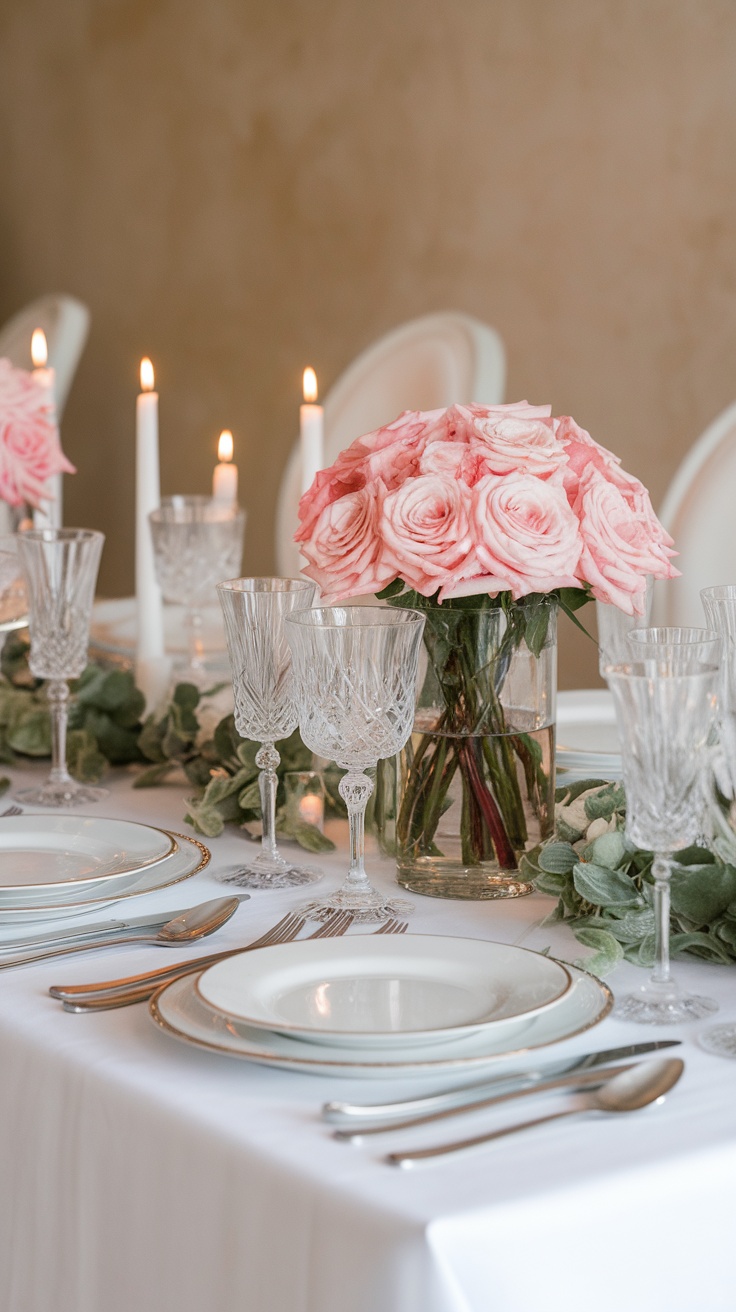 Elegant dining table setup with pink roses, crystal glasses, and neatly folded napkins.