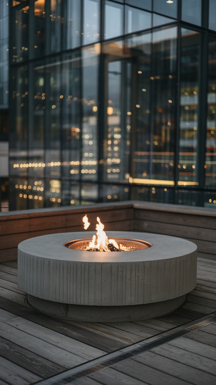 Concrete fire pit with flames in a modern urban setting