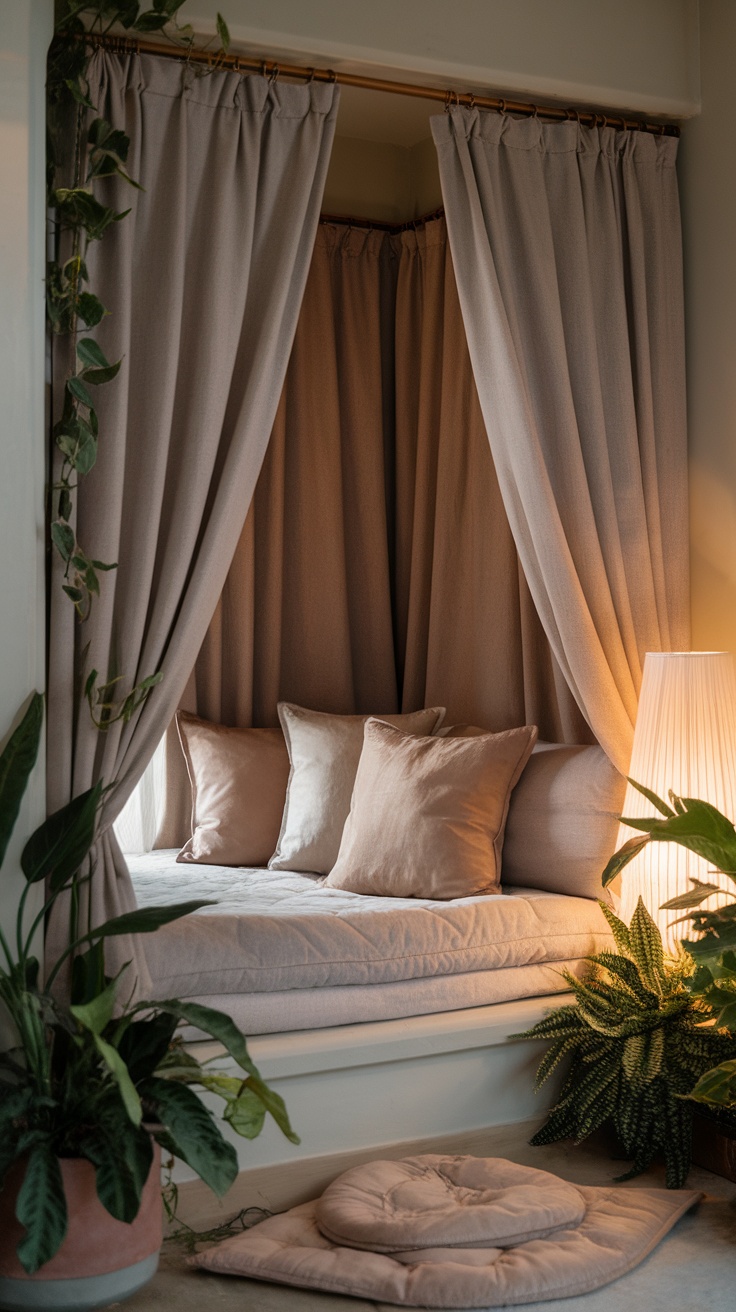 A cozy nook with plush pillows, soft curtains, and indoor plants