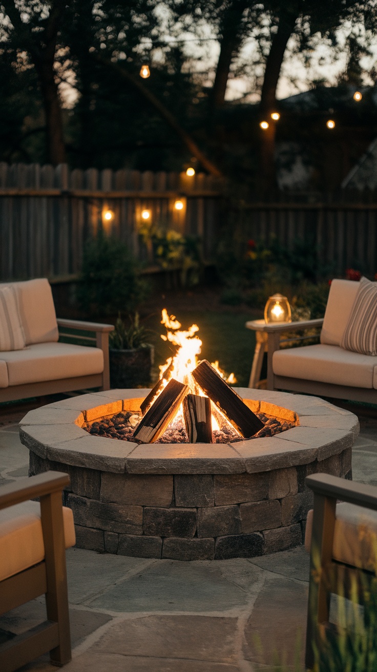 Cozy stone fire pit surrounded by comfortable seating in a backyard setting.