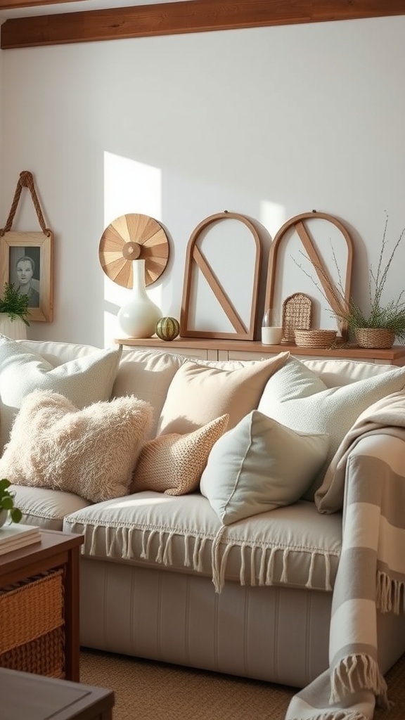 A cozy living room featuring a comfortable sofa with various textured cushions, a warm color palette, and natural decor elements.