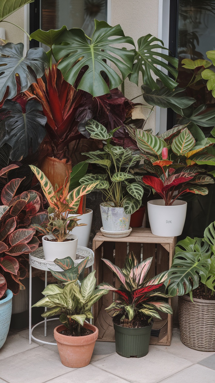 A vibrant collection of tropical plants in various containers.