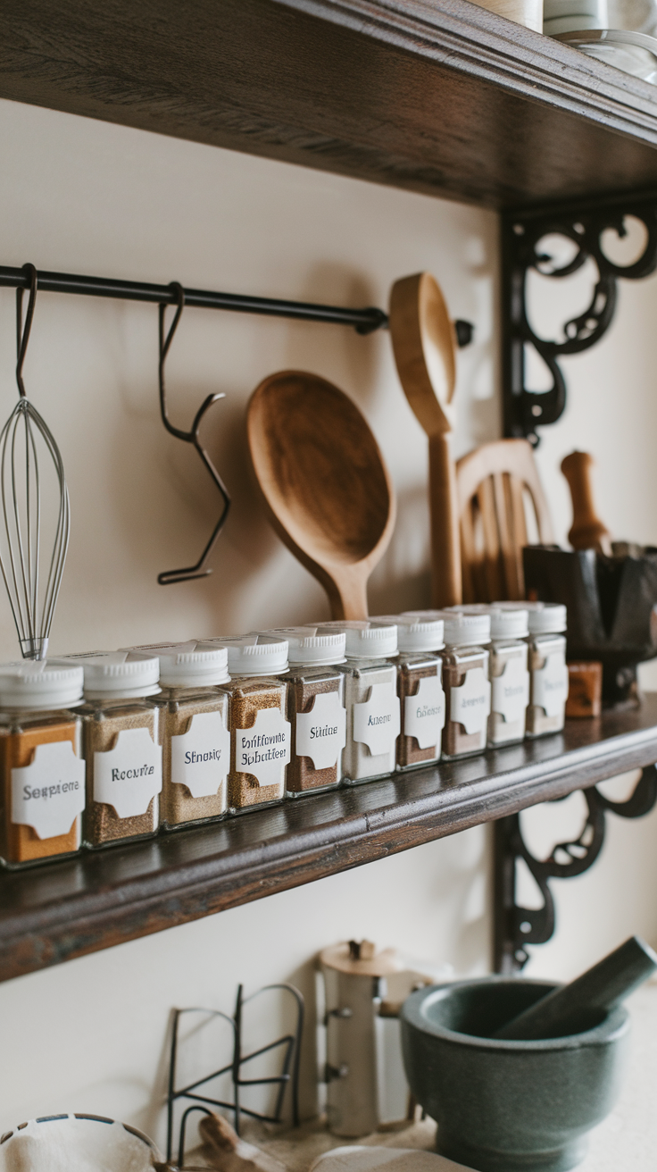 A variety of spice jars labeled and organized on a wooden shelf.