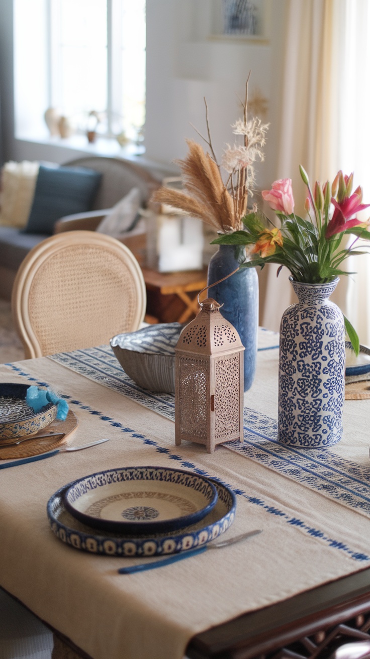 A beautifully set dining table featuring cultural-inspired decor with pottery, flowers, and textiles.