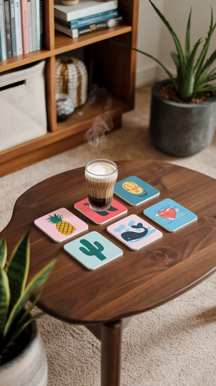 Colorful custom coasters with various designs arranged on a wooden table with a coffee glass