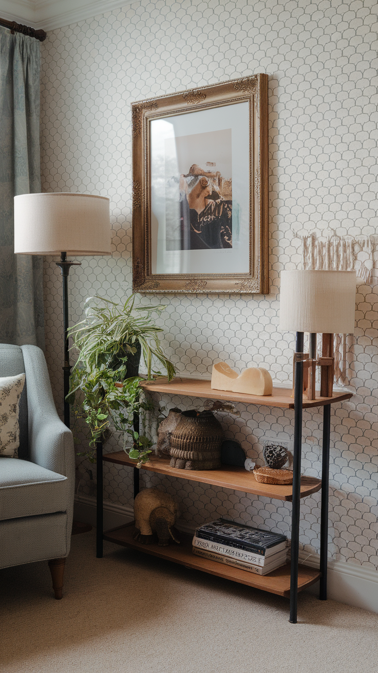 A cozy living room corner featuring a framed photo print, stylish lamps, and decorative items on a shelf.