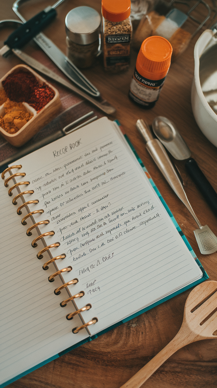 A handwritten recipe book open on a wooden table surrounded by spices and kitchen tools.