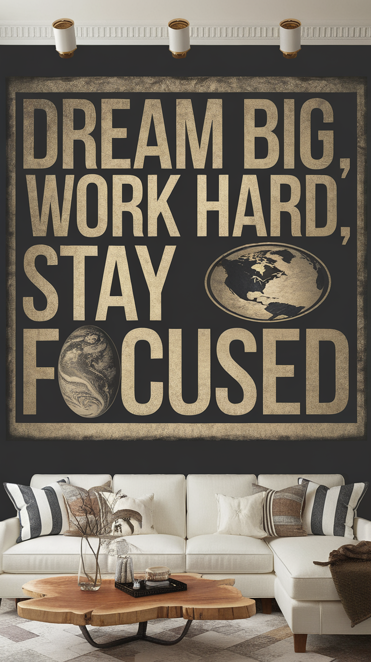 A large wall art piece that says 'DREAM BIG, WORK HARD, STAY FOCUSED' with a globe illustration, displayed in a cozy living room.