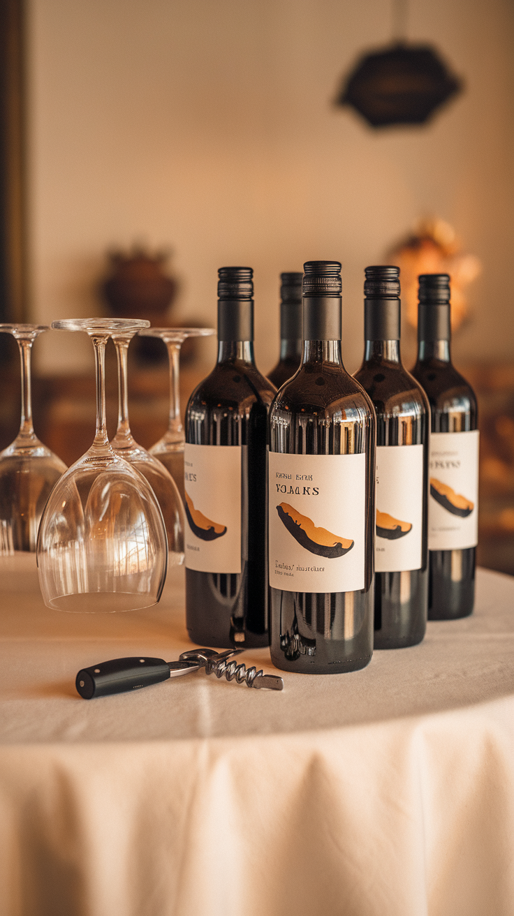 A table with several wine bottles featuring custom labels, a corkscrew, and wine glasses.