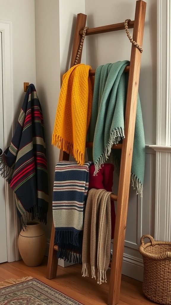 A decorative wooden ladder displaying colorful throws in a cozy room.