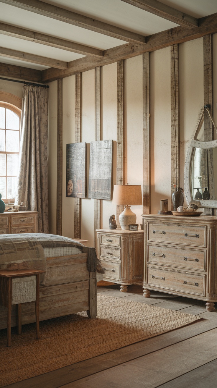 A vintage bedroom featuring distressed wooden furniture, a cozy atmosphere, and soft textiles.