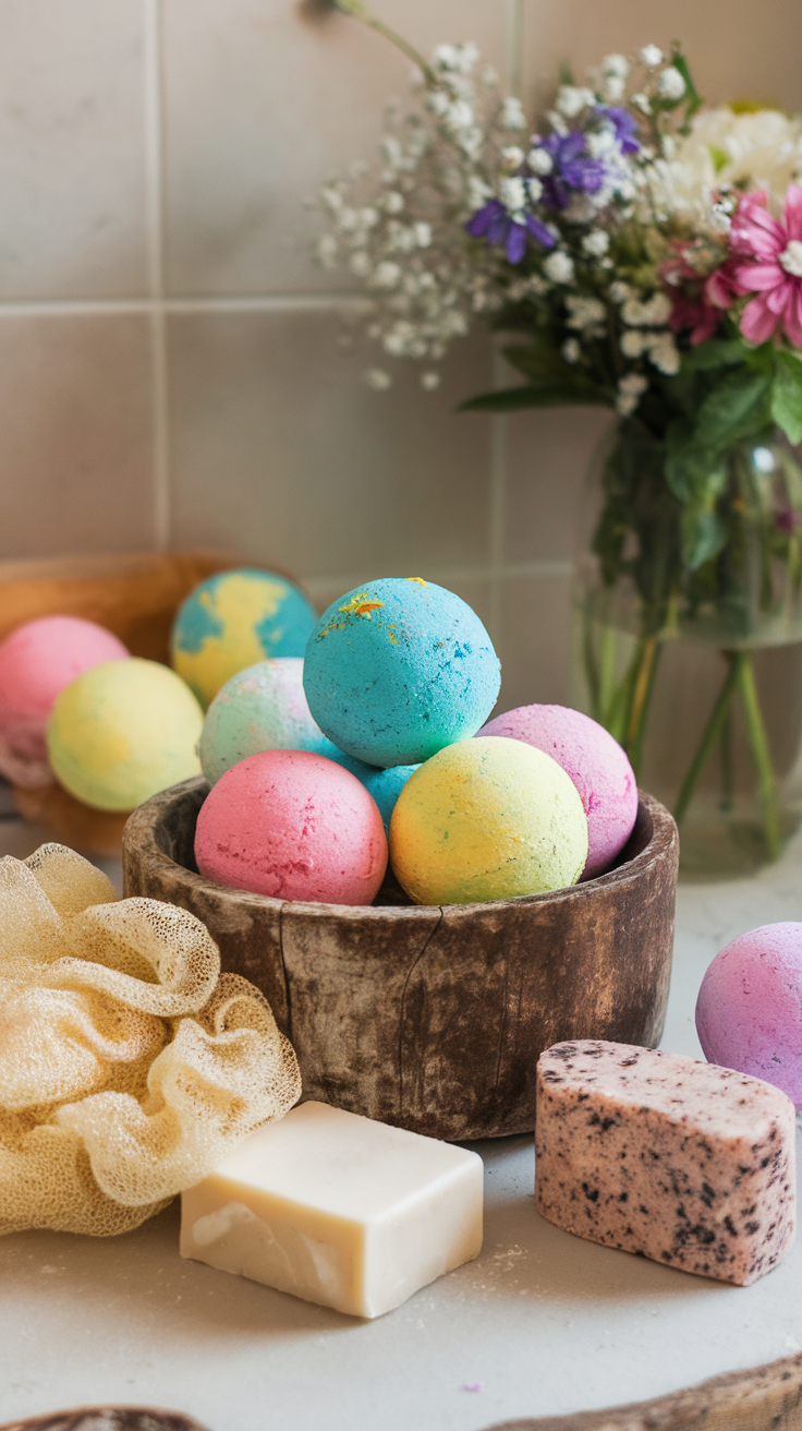 Colorful DIY bath bombs in a wooden bowl with a loofah and soap nearby.