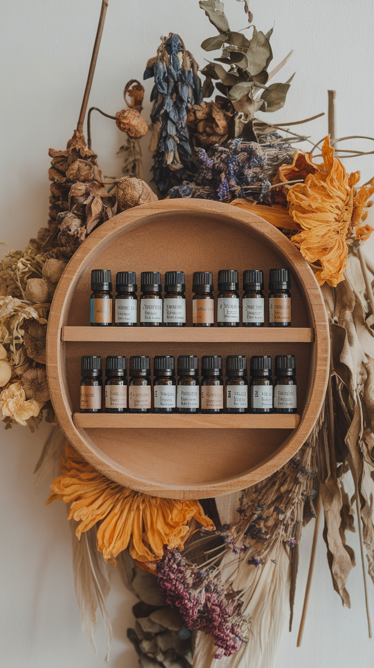 A wooden shelf displaying various essential oil bottles surrounded by dried flowers and plants.