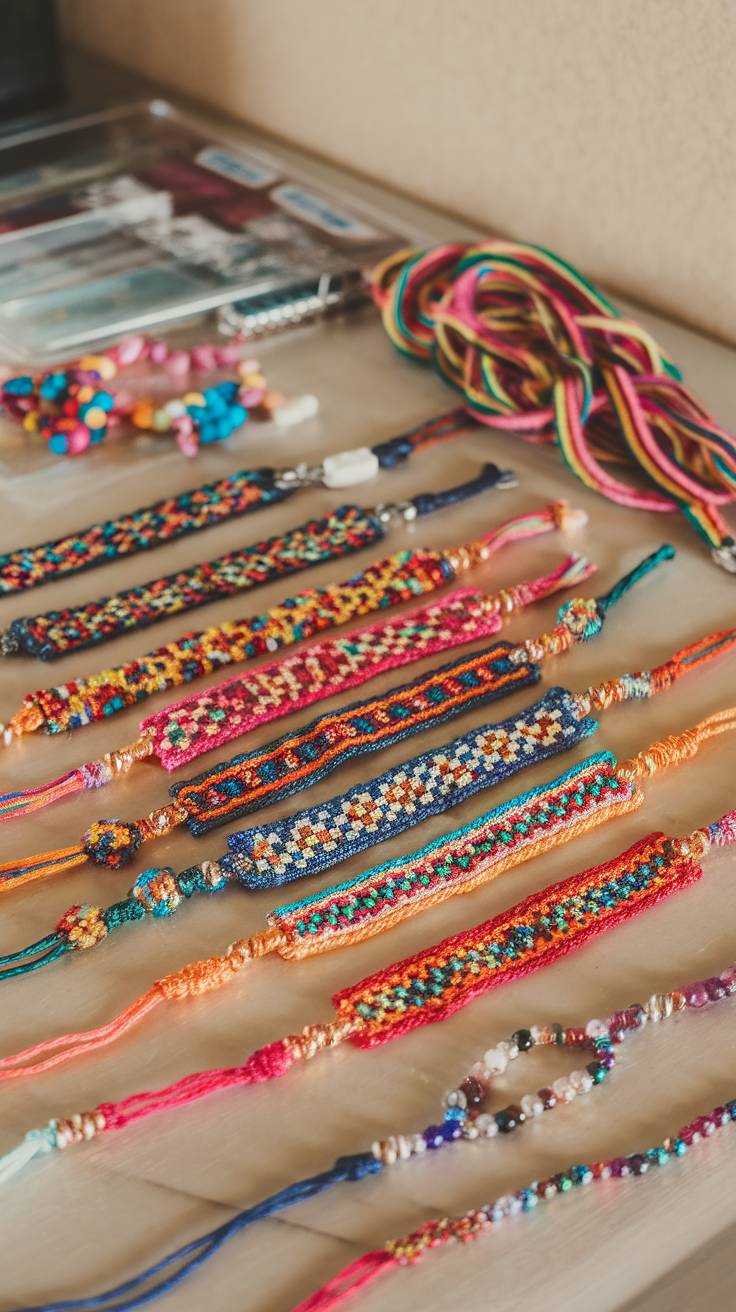 A variety of handmade friendship bracelets displayed on a table.