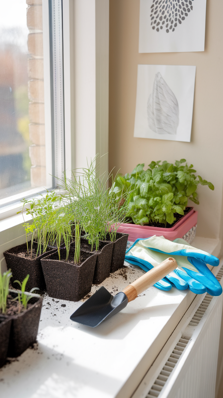 A sunny windowsill with pots of herbs, a small shovel, and gardening gloves.