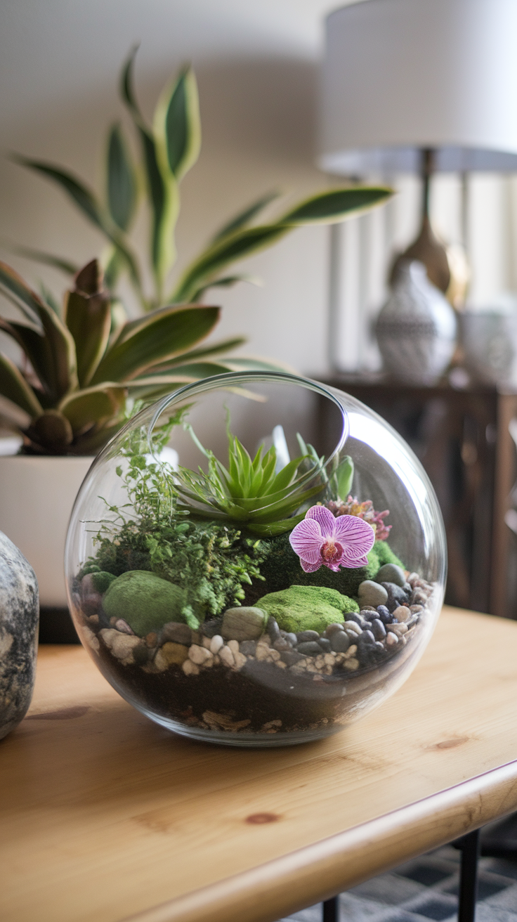 A beautiful terrarium with various plants and a purple orchid.