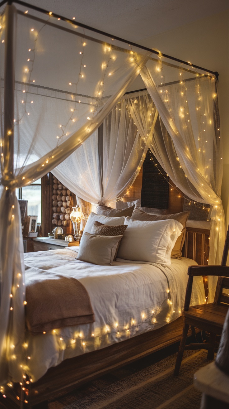 A cozy canopy bed draped with fairy lights, creating a magical atmosphere.