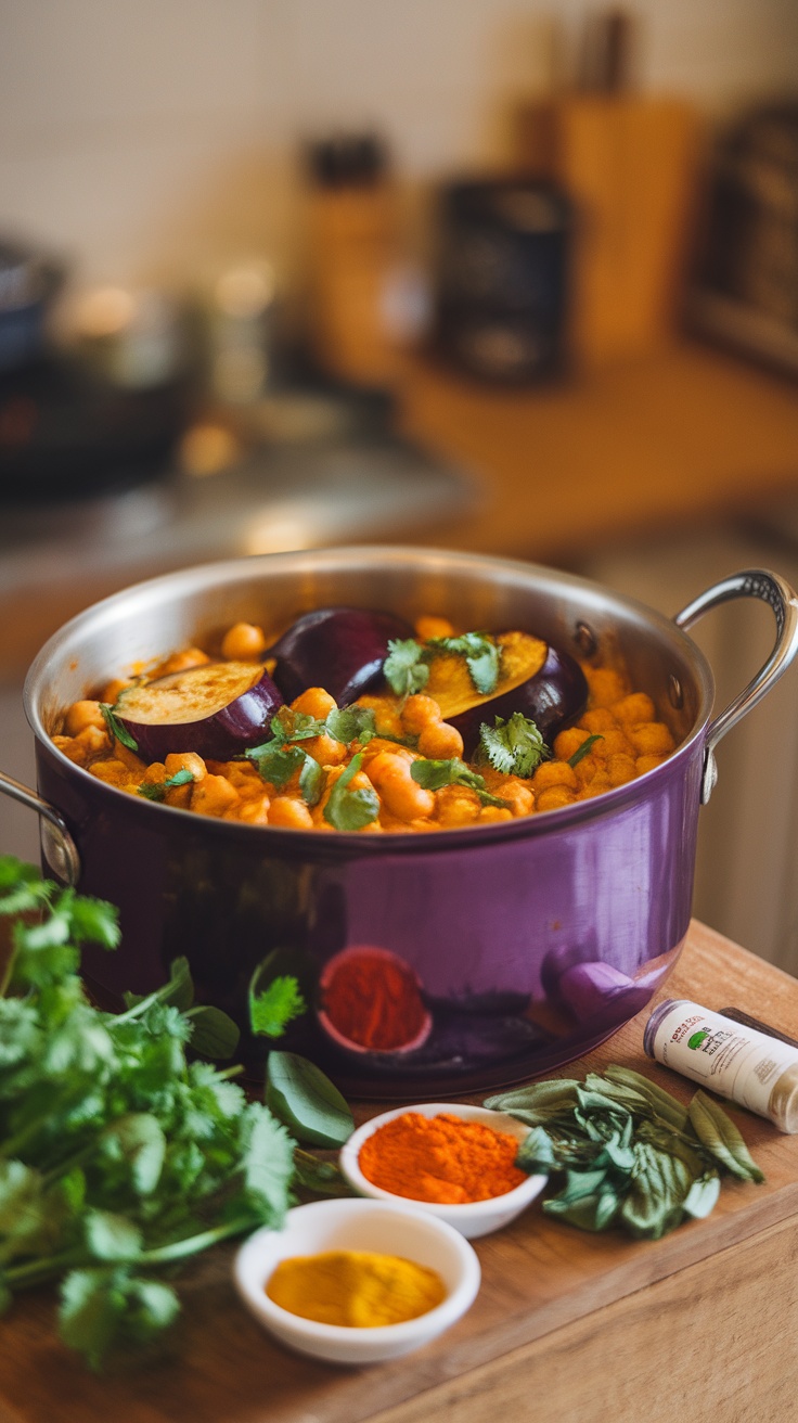 A pot of eggplant and chickpea curry with herbs and spices.