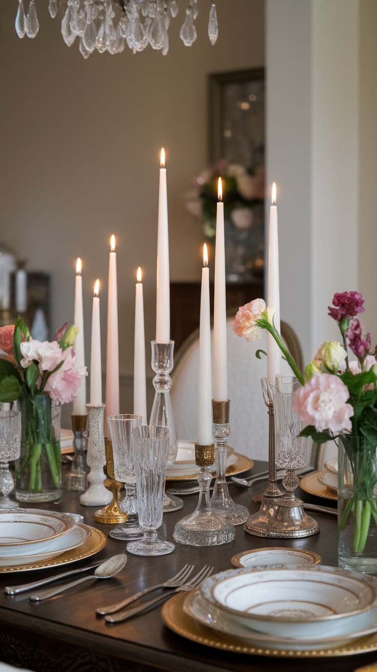 A beautifully set dining table with various candles and flowers.