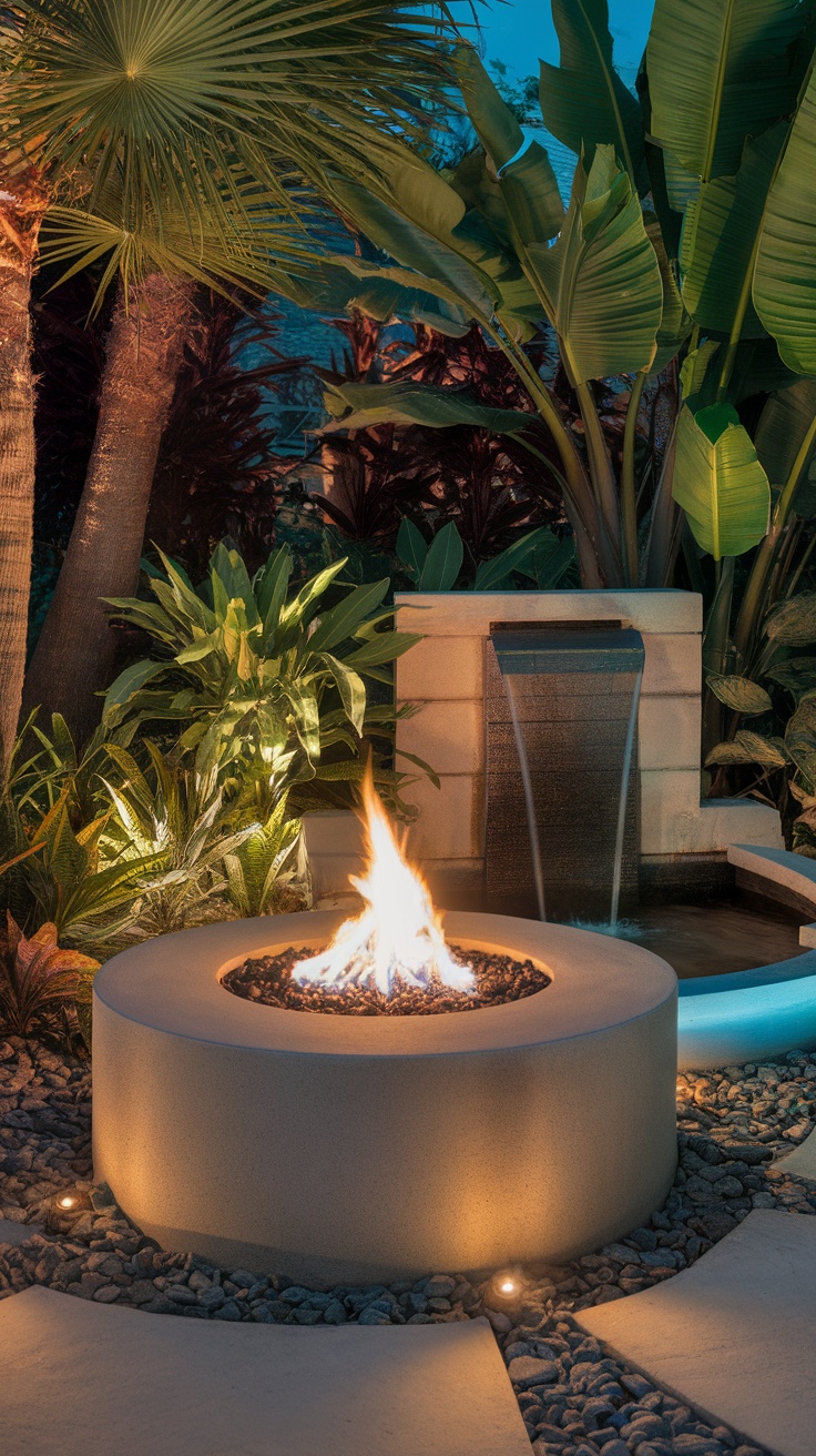 Elegant fire bowl surrounded by plants and a water feature in a backyard setting.