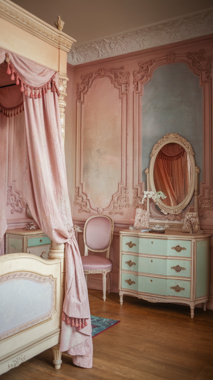 A vintage bedroom featuring Rococo furniture with pink and blue accents.